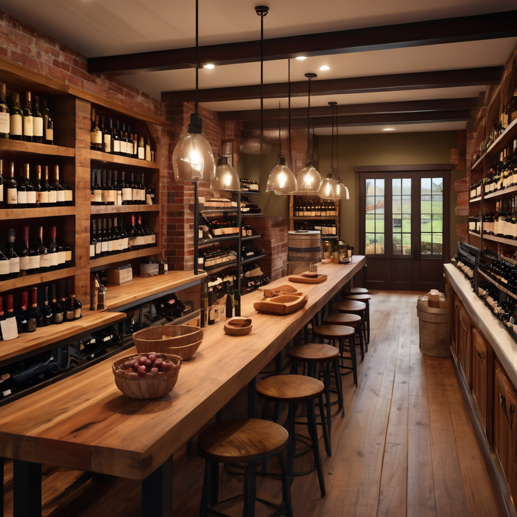 Cozy New England butcher shop and wine store interior, warm wooden shelves with wine bottles, rustic modern decor