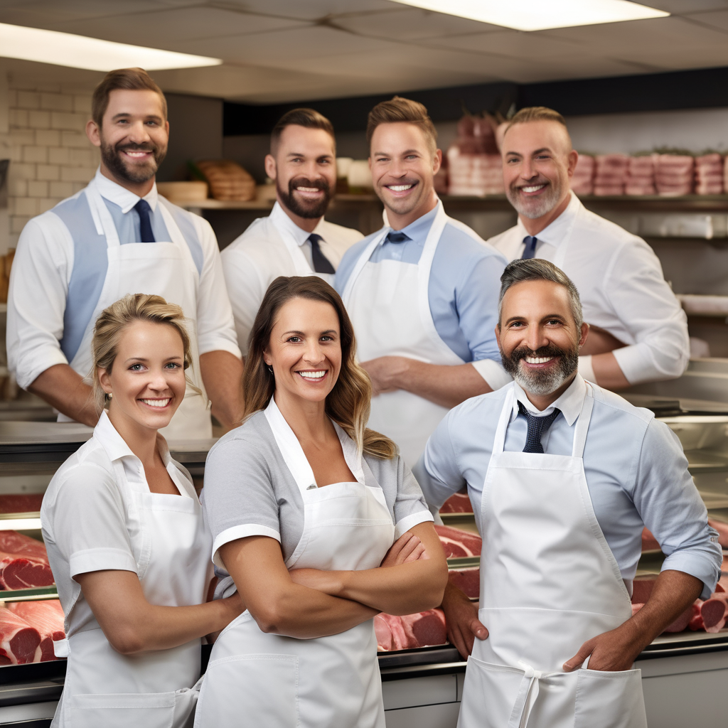 Friendly butcher shop team standing together behind counter, diverse food professionals smiling in white aprons