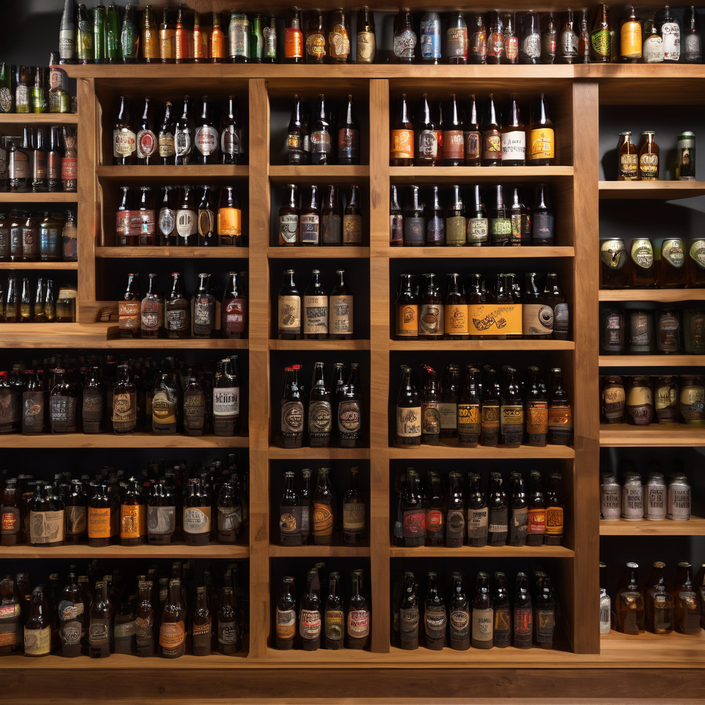 Craft beer selection display with variety of artisanal beer bottles on shelves, modern craft beer store, warm wood interior