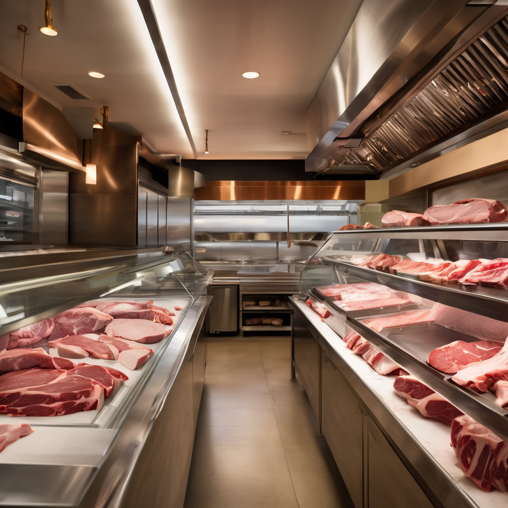 Professional butcher shop interior with premium cuts of meat displayed in glass cases, warm lighting, clean modern counter