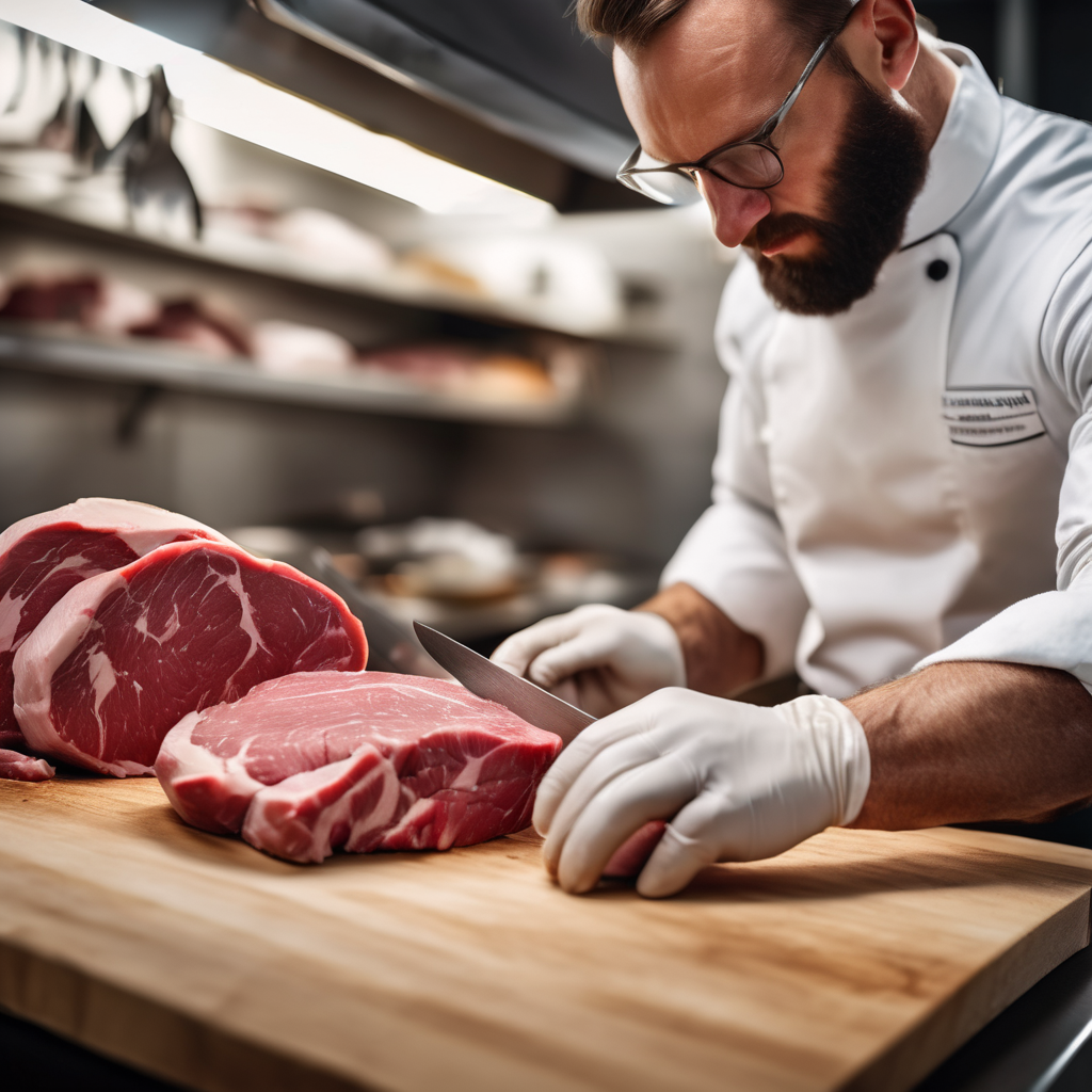 Professional butcher expertly cutting premium meat, skilled craftsmanship, fresh cuts of steak and beef on cutting board